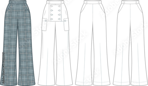 Women's High-Waisted Wide-Leg Pants Fashion Flat Sketch: Plaid Design and Sailor Button Detail, Versatile Apparel for Professional, Casual, and Stylish Everyday Wear Illustration.