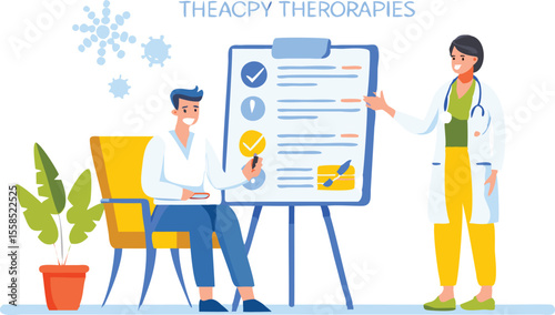 Illustration of a doctor explaining checklist to a patient sitting in a chair with a plant nearby and snowflakes