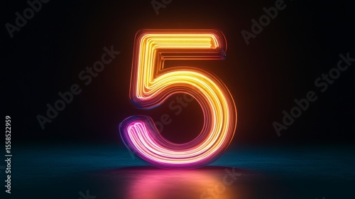 Glowing neon number five on dark background.