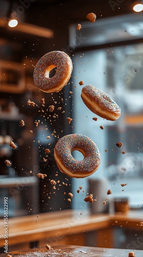 Three donuts swirling through the air above a caf.
