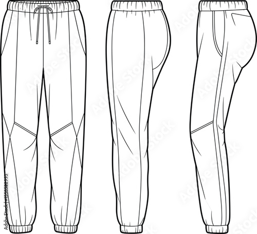 Unisex Sportswear Fashion Flat Sketch: Modern Jogger Pants with Drawstring Waist and Ribbed Cuffs, Comfortable Apparel Design for Activewear, Loungewear, and Casual Street Style Illustration.
