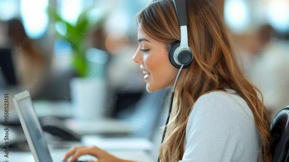 A smiling female call center representative wearing a headset, working on a sleek laptop in a modern office, providing excellent customer service, soft lighting and professional atmosphere, talking a