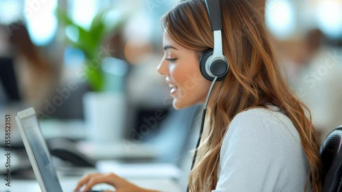 A smiling female call center representative wearing a headset, working on a sleek laptop in a modern office, providing excellent customer service, soft lighting and professional atmosphere, talking a