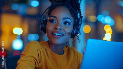 A smiling female call center representative wearing a headset, working on a sleek laptop in a modern office, providing excellent customer service, soft lighting and professional atmosphere, talking a