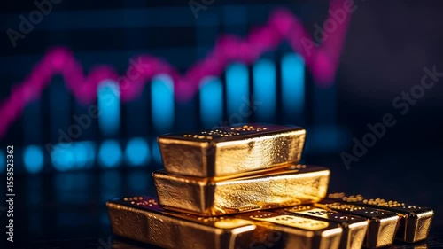 A futuristic banking scene with digital gold bars floating in a high-tech financial environment, glowing neon charts representing financial success and investment growth
