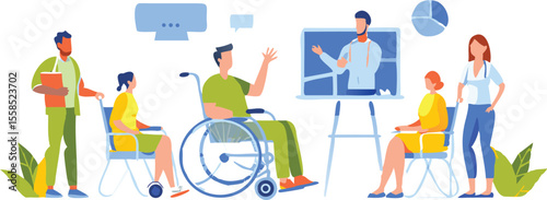 A diverse group attends a presentation with a man in a wheelchair and a presenter on a screen online
