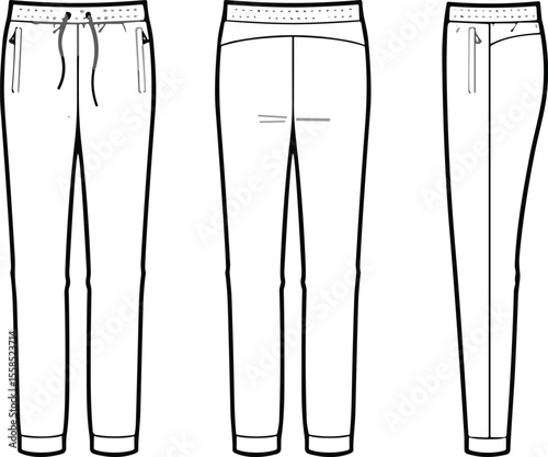 Technical Fashion Illustration of Men's or Women's Slim-Fit Track Pants with Drawstring Waist, Zipper Pockets, Front, Back, and Side Views, Apparel Design Template.