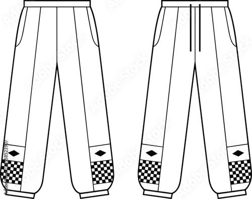 Technical Fashion Illustration of Stylish Men's or Women's Jogger Pants with Checkerboard Print and Diamond Patch Details, Front and Back Views, Apparel Design.