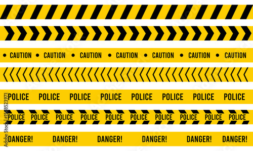 Set of yellow and black caution tape banners with warning messages