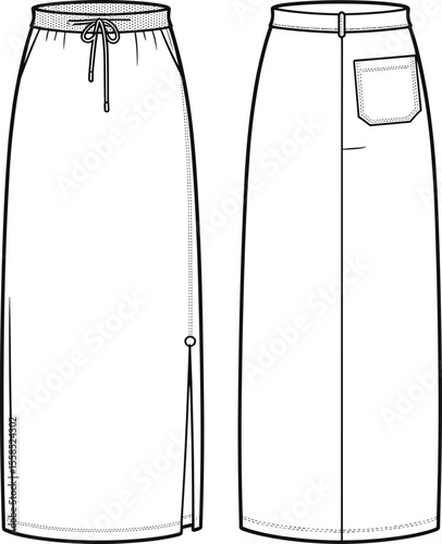 Technical Fashion Illustration of Women's Maxi Skirt with Drawstring Waist and Slit, Featuring Back Patch Pocket, Front and Rear Views, Apparel Design Template.