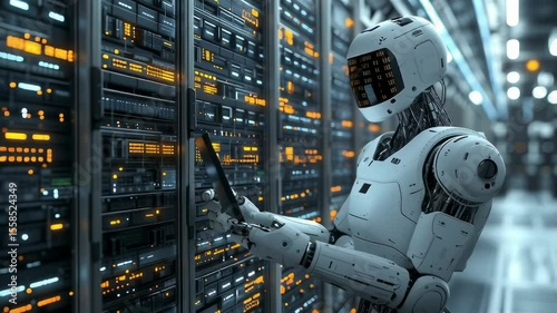 An IT engineer robot working side by side with an AI-powered robotic assistant in a cutting-edge server center, a seamless blend of human and artificial intelligence