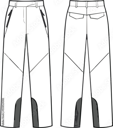 Technical Fashion Illustration of Men's or Women's Ski or Snowboard Pants with Reinforced Knees, Front and Back Views, Ideal for Outerwear Apparel Design Mockups.