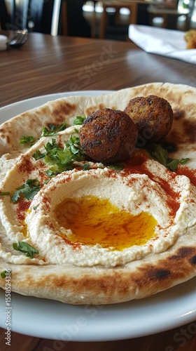 Pita with hummus and falafel.