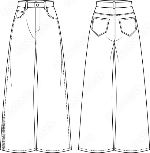 Technical Fashion Illustration of Women's Wide-Leg Pants with Pockets and Belt Loops, Front and Back Views, Ideal for Apparel Design and Product Mockups, White Background.