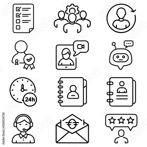 Collection of business and communication icons featuring teamwork and customer service elements