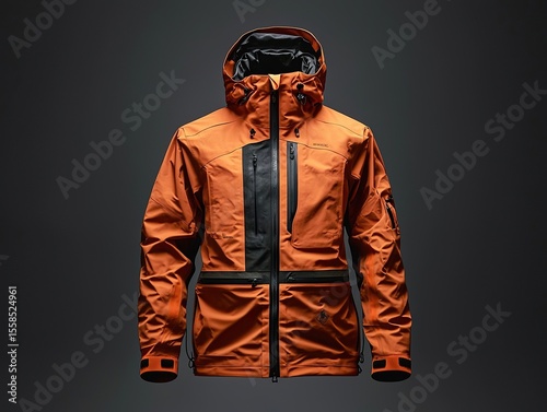 Orange technical hooded jacket with a sleek design, perfect for outdoor adventures and urban exploration.