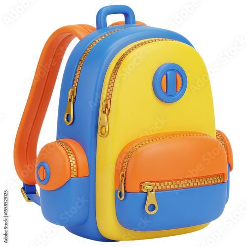 Colorful 3d cartoon backpack with blue yellow and orange sections and gold zippers isolated on transparent background
