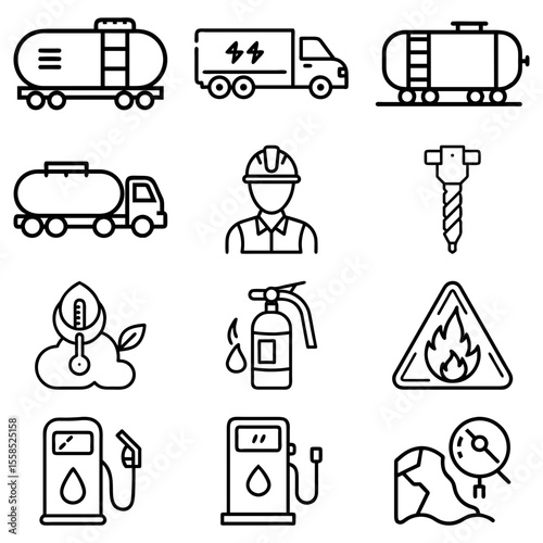 Illustration of various industrial and safety related icons including trucks and a fire extinguisher