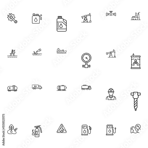 Illustration of oil industry icons including drilling rigs, tankers, and safety equipment displayed neatly