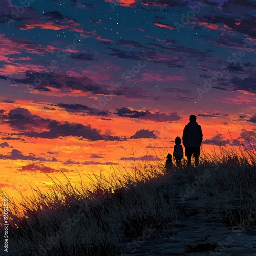 Father standing with son and daughter watching sunset