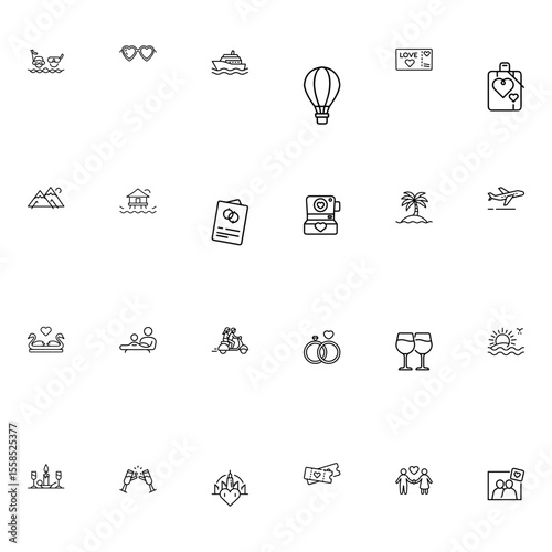 Collection of honeymoon themed icons including travel, romance, and celebration elements shown here