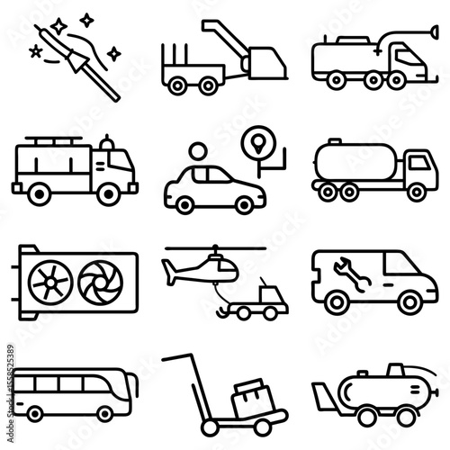Collection of transportation and technology icons including trucks, cars, bus, helicopter, and gpu card
