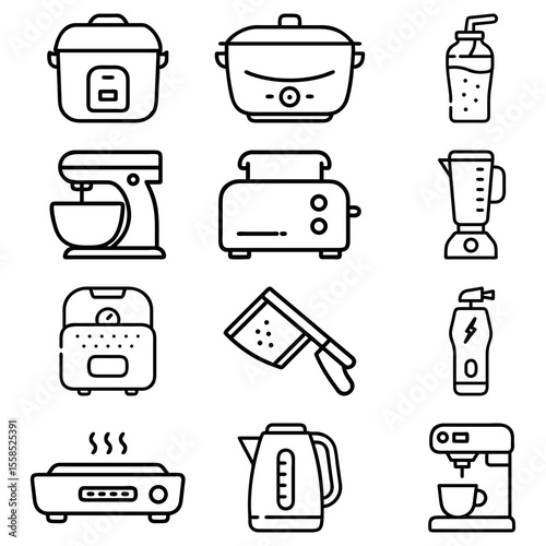 Illustration of various kitchen appliances including a rice cooker and a coffee maker and a blender and more