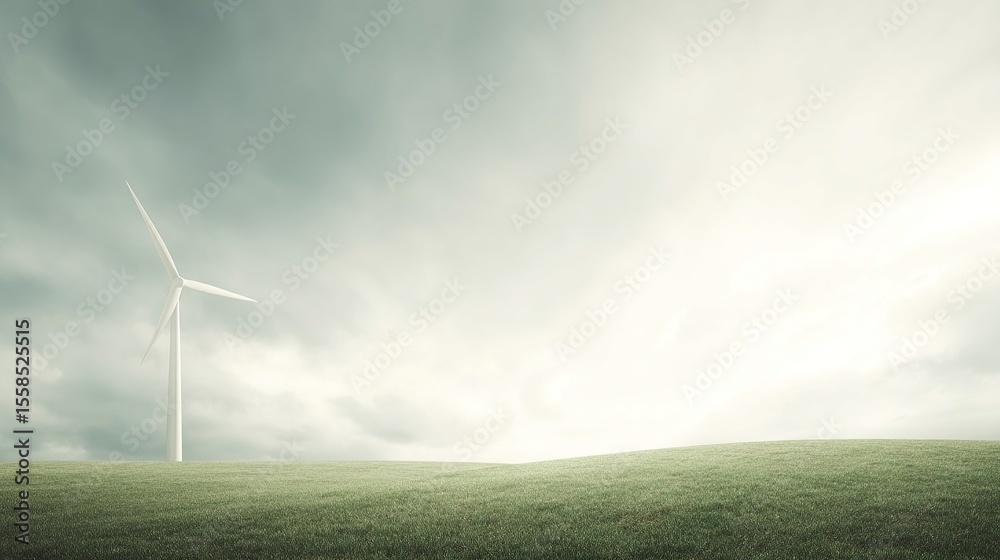 Obraz premium Wind turbine on a grassy field under a cloudy sky, representing green energy and sustainability.