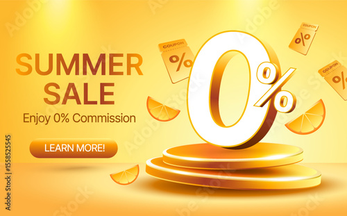 3d summer sale banner with 0 percent on a podium or stage surrounded by unlimited flying coupons. Premium golden travel banner template. Vector illustration