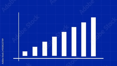 Animated 4K bar chart with white columns rising step-by-step on a blue grid background, visually representing growth or progress.
