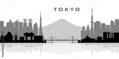 A vector silhouette of the Tokyo skyline featuring famous landmarks, modern skyscrapers, temples, and bridges reflected in the water. Black, white, and gray colors.