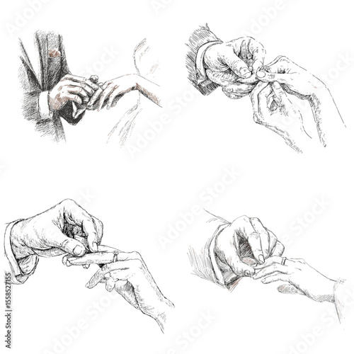 Romantic sketch illustrations of wedding ring exchange moments, capturing emotional hand gestures and symbolic commitment in elegant black and white style.

