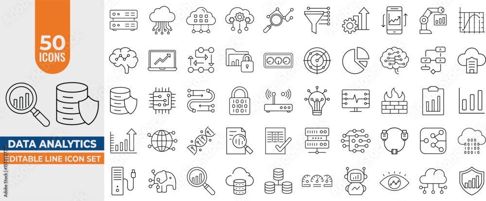 Naklejka premium Data Analytics Icon Set – Vector Line Icons for Database, Statistics, Server Monitoring, Cloud Computing, Network. Editable Stroke. Vector illustration