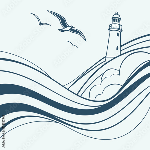 Coastal Lighthouse Seascape Illustration Blue Waves Seagull Flight Line Art Design