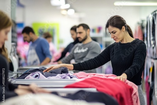 Woman Organizing Clothes in Retail Store While Shoppers Browse Nearby in a Modern Clothing Environment for Fashion and Retail Imagery