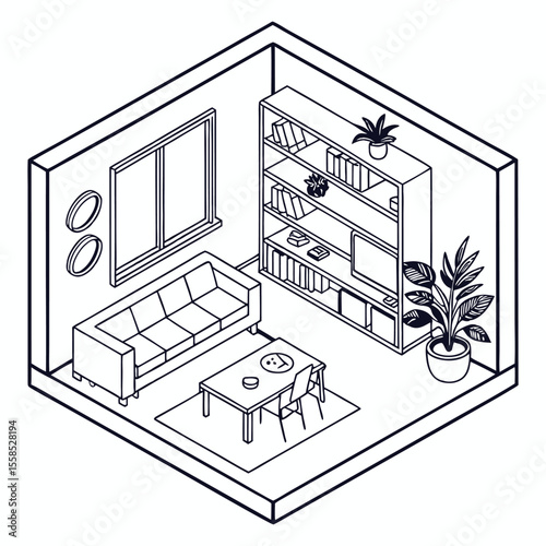 Isometric Line Drawing Modern Living Room Apartment Interior Sofa Bookshelf Plants Table Chair