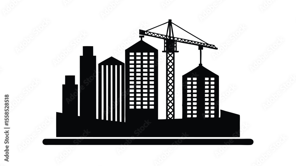 Fototapeta premium vector illustration Skyscraper Silhouette with Construction Cranes – Commercial Real Est