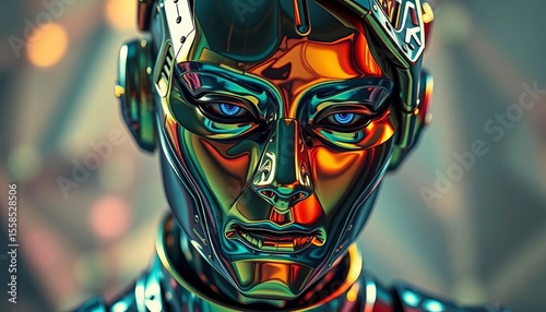 A metallic android searches for a lost facial covering, search, faceplate