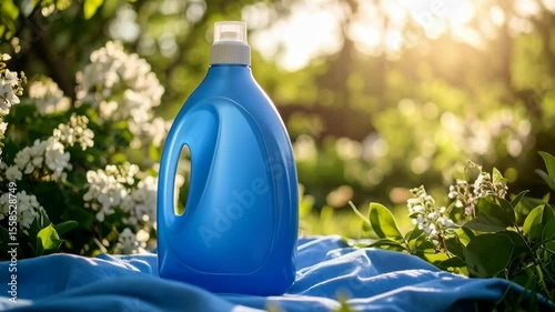 Blue laundry detergent bottle sitting on a blue towel outside with flowers in the background on a sunny day.