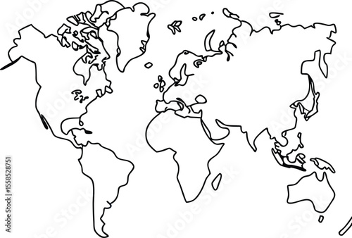Simple Black Line Drawing World Map Continents Countries Geography vector