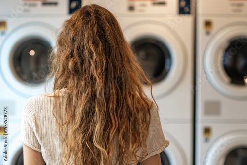 Woman with Wavy Hair in Laundry Room Observing Washing Machines, Casual Atmosphere, Daily Life Scene, Home Chores Experience, Modern Laundry Facilities, Domestic Routine