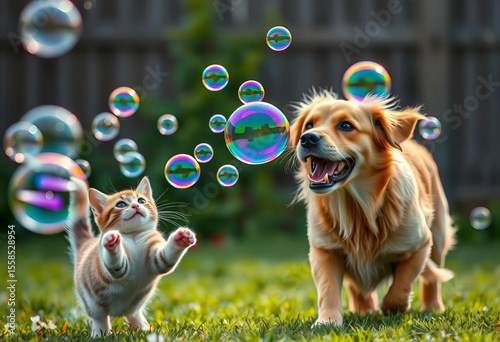 A playful cat and dog chase iridescent soap bubbles outdoors, movement, dog