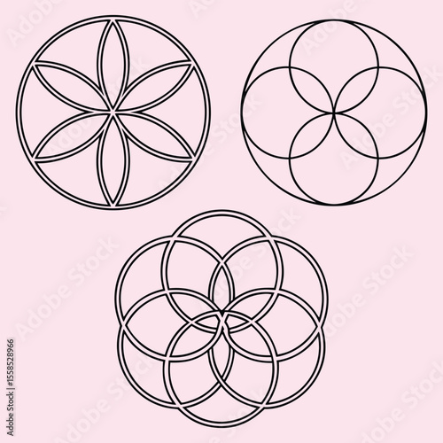 Three Geometric Flower of Life Seed of Life Sacred Geometry Designs Pink Background