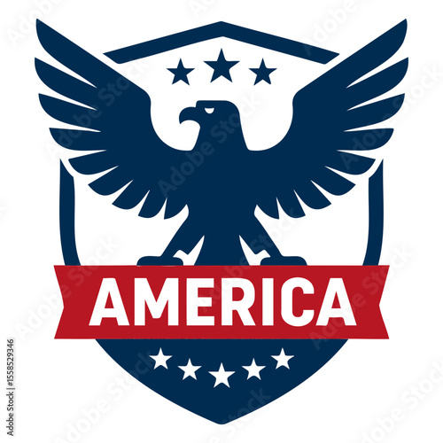 A patriotic emblem featuring a stylized eagle with spread wings perched atop america banner