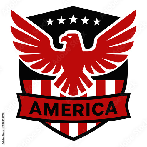 A patriotic emblem featuring a red eagle with spread wings above the word america on a shield