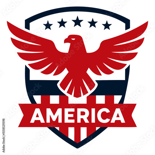 Illustration of a patriotic emblem featuring a red eagle and the word america on a shield design