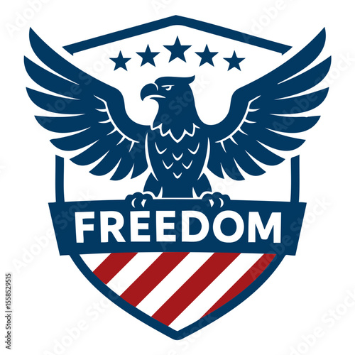 Illustration of an eagle with spread wings above the word freedom in a shield design emblem