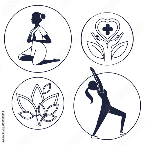 Yoga Wellness Icons Silhouette Women Dark Blue Circles Health Lotus Pose vector