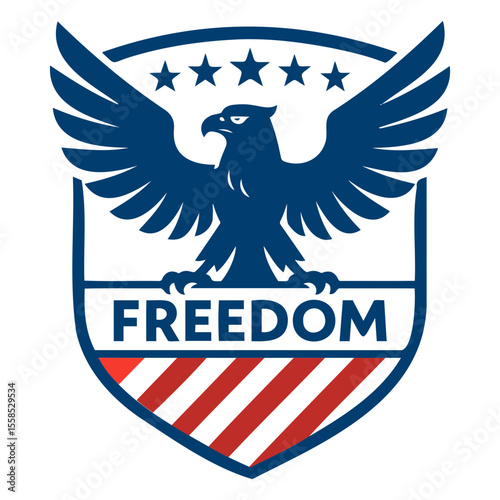 Illustration of an eagle with spread wings above the word freedom inside a shield shape