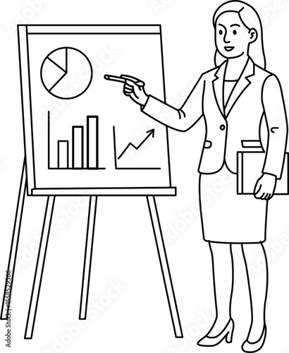 Business Presentation: A confident businesswoman delivers a compelling presentation, pointing towards a detailed infographic, and showcasing expertise in business and management.